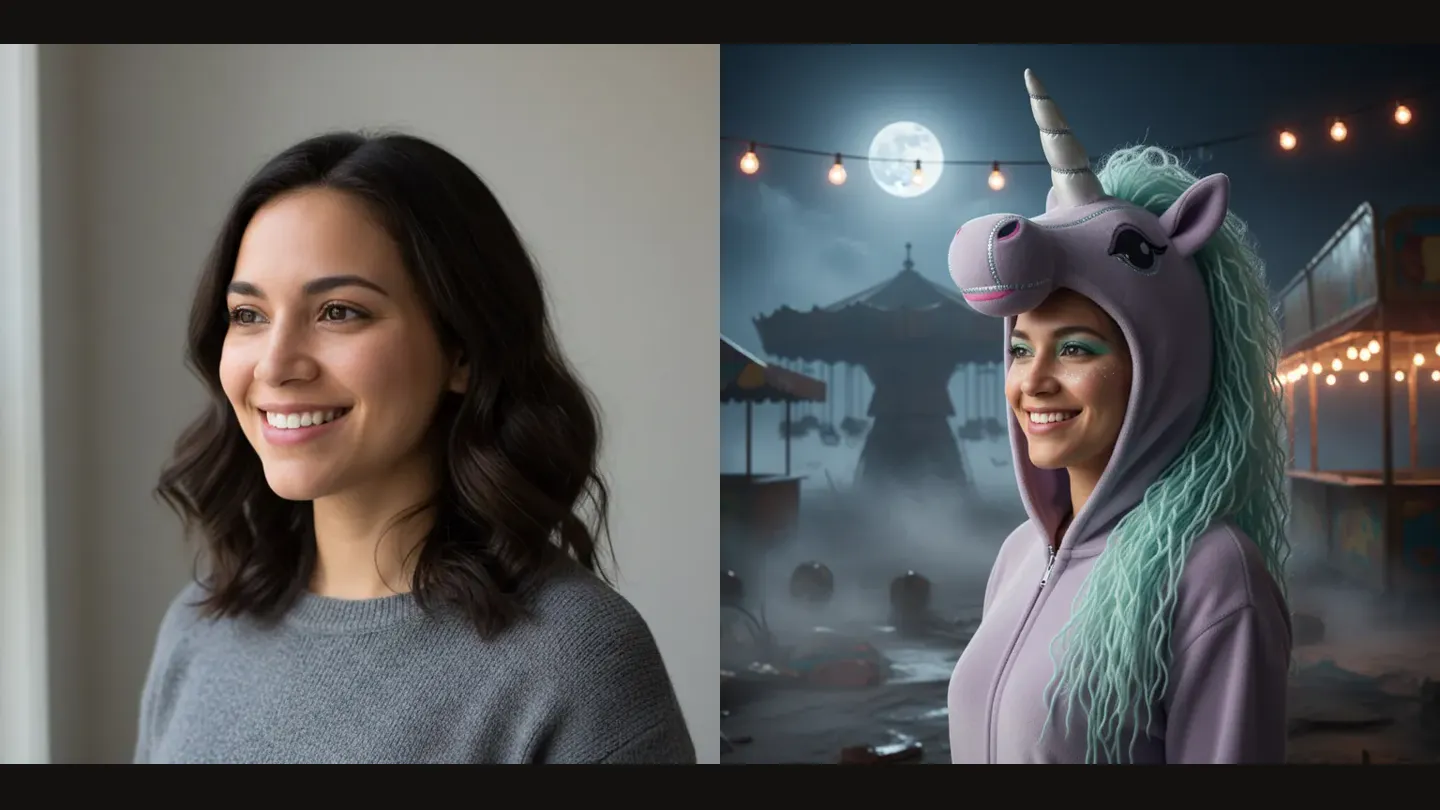 A plain portrait photo next to the same person in an AI-generated haunted unicorn costume at a foggy night carnival